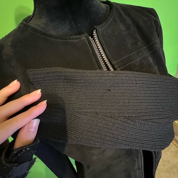 Investments Black Leather Suede Wool Knit Women's Zip Up Jacket - Picture 9 of 14